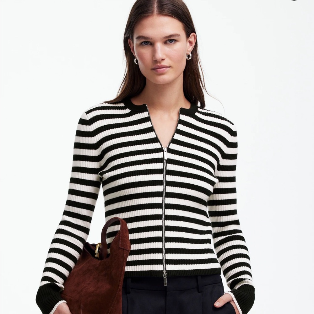 Madewell Striped Black and White Zip-Up cardigan